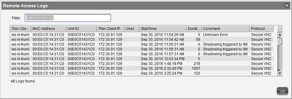 Log entries for secure VNC connections