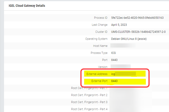 Auf der Seite IGEL Cloud Gateway Details sind External Address und External Port rot eingerahmt und gelb hervorgehoben