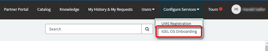 Im IGEL Customer Portal ist unter Configure Services die Option IGEL OS Onboarding rot eingerahmt.