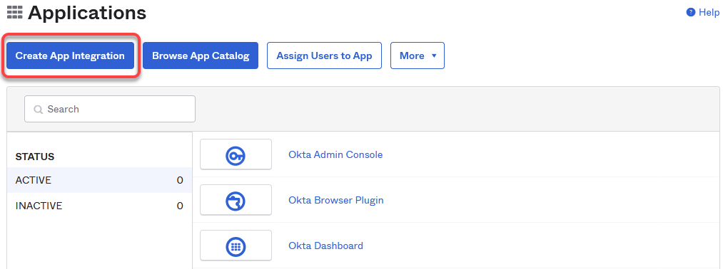 Okta-Landing Page eines Administratorkontos, der Button Create App Integration ist rot eingerahmt