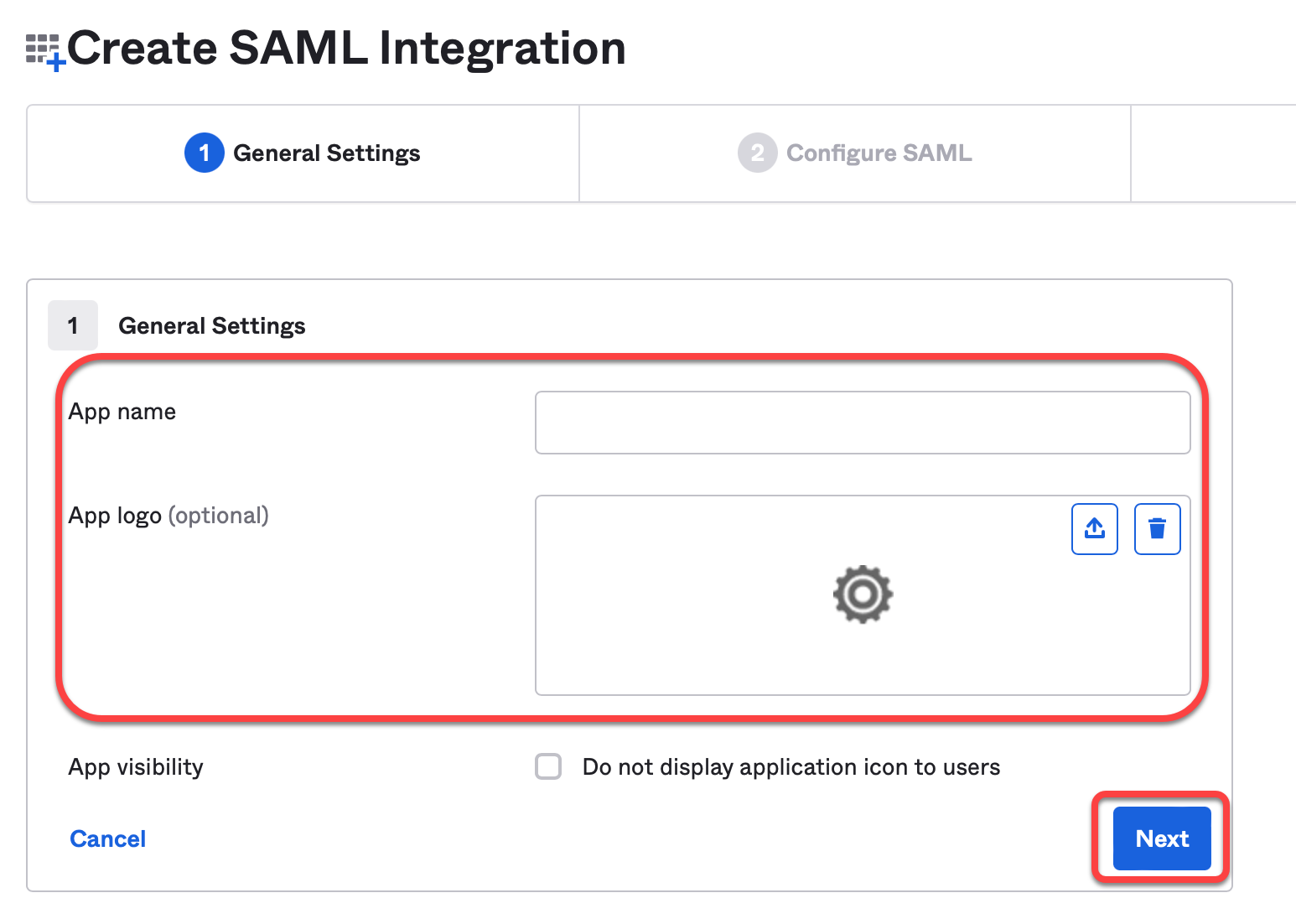 Auf der Seite Create SAML Integration sind die Option App name und App logo sowie deren Felder rot eingerahmt, unten rechts ist der Button Next rot eingerahmt