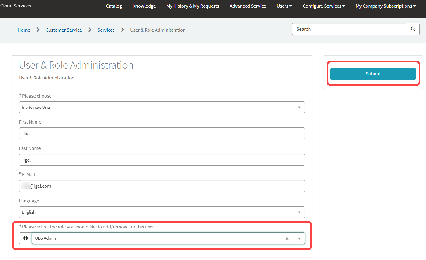 Rolle auswählen und auf Submit klicken
