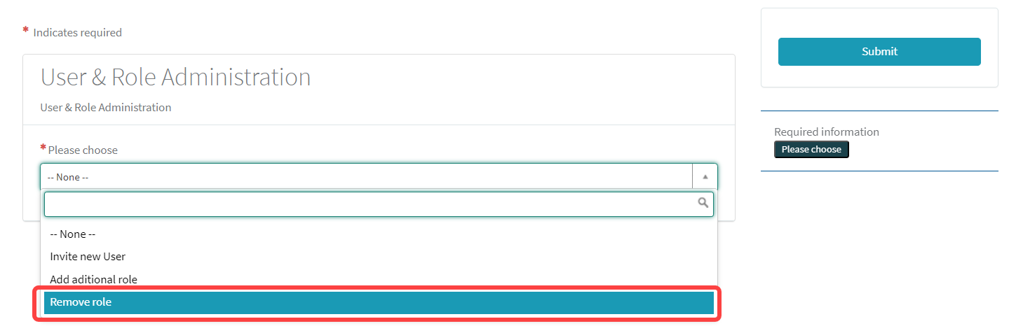 Im ersten Dropdown Menü die Option Remove Role auswählen