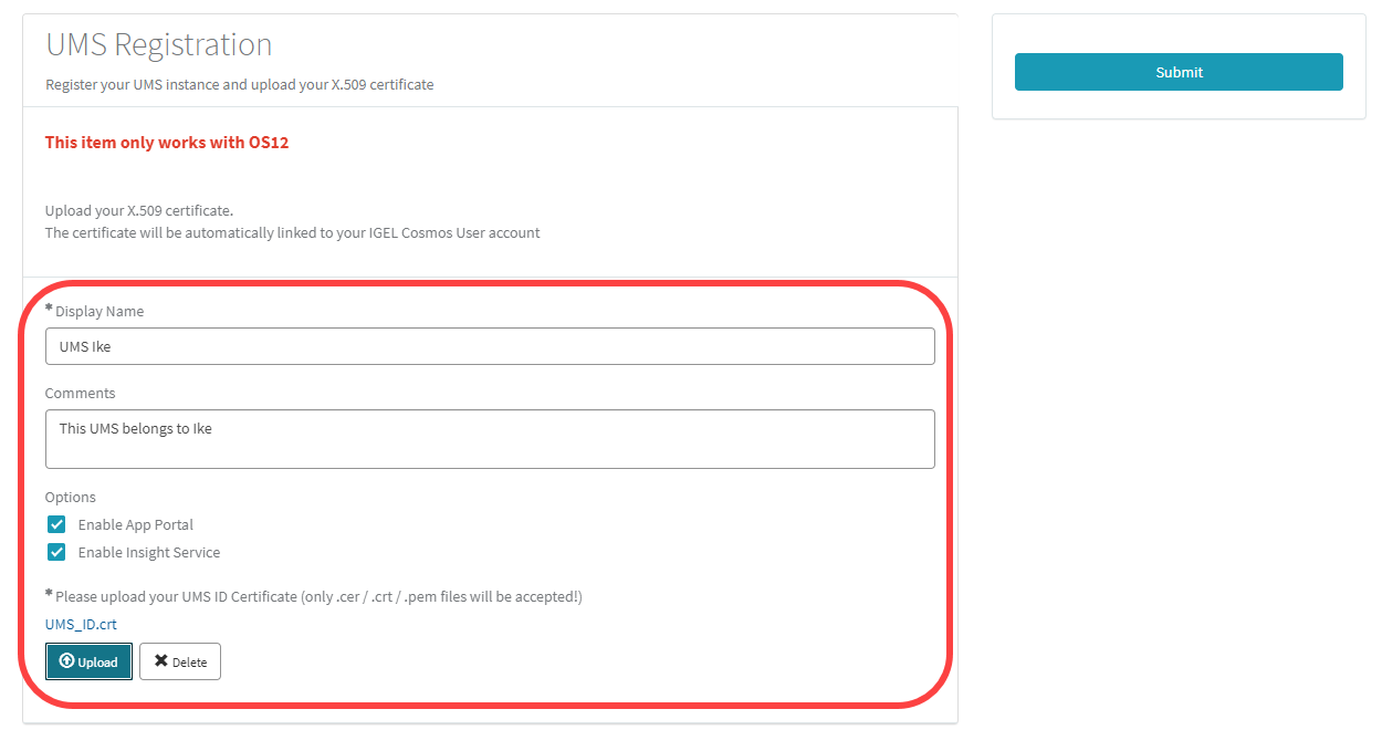 Auf der Seite UMS Registration ist ein roter Rahmen von Display Name bis einschließlich Upload. Eine Notiz ist zu sehen, This item only works with OS12.