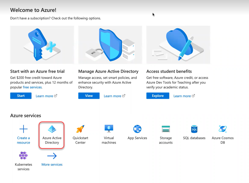 Die Landing Page von Microsoft Entra wird angezeigt und die Option Azure Active Directory ist rot eingerahmt.