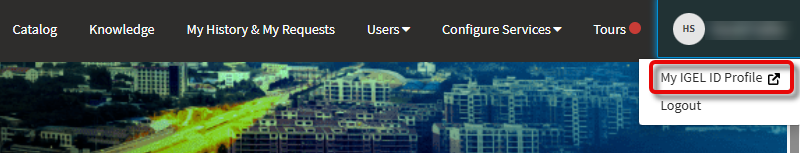 Im IGEL Customer Portal erst auf das Benutzermenü oben rechts und anschließend auf My IGEL ID Profile klicken