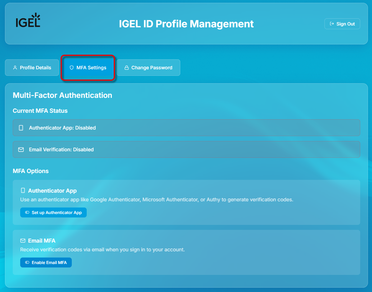 MFA Settings auswählen