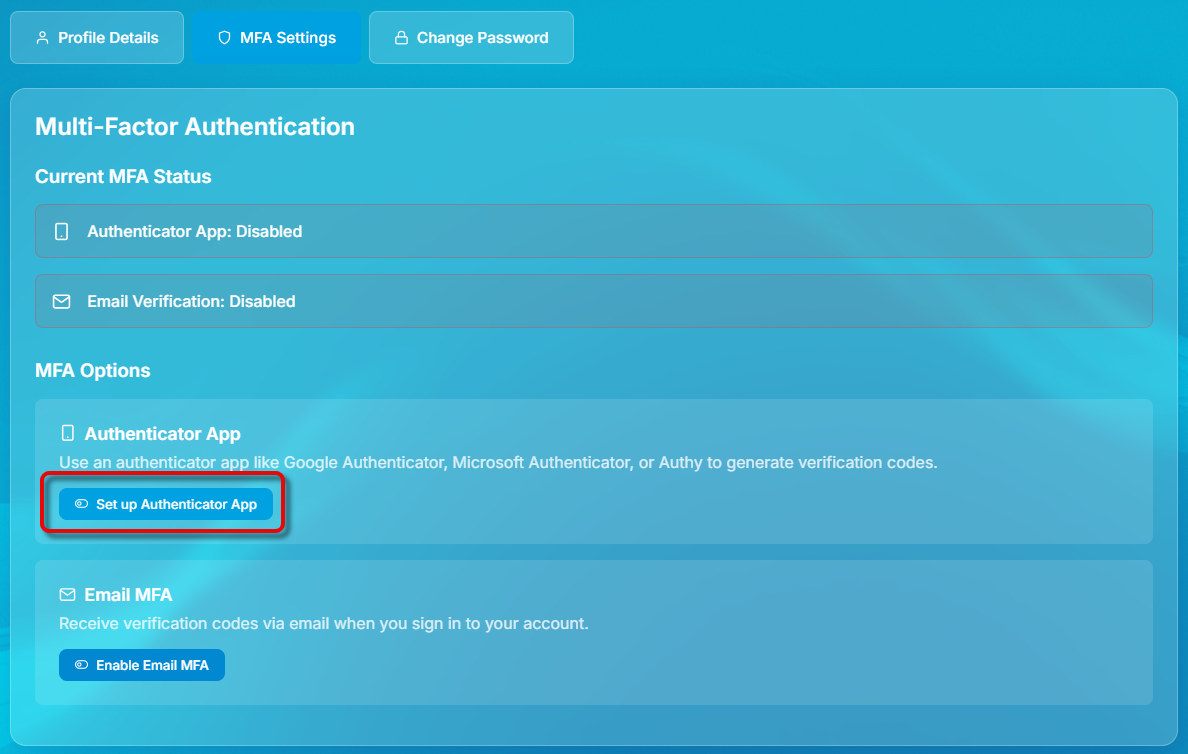 Im Menü Multi-Factor Authentication unter MFA Options die Schaltfläche Set up Authenticator App anklicken.