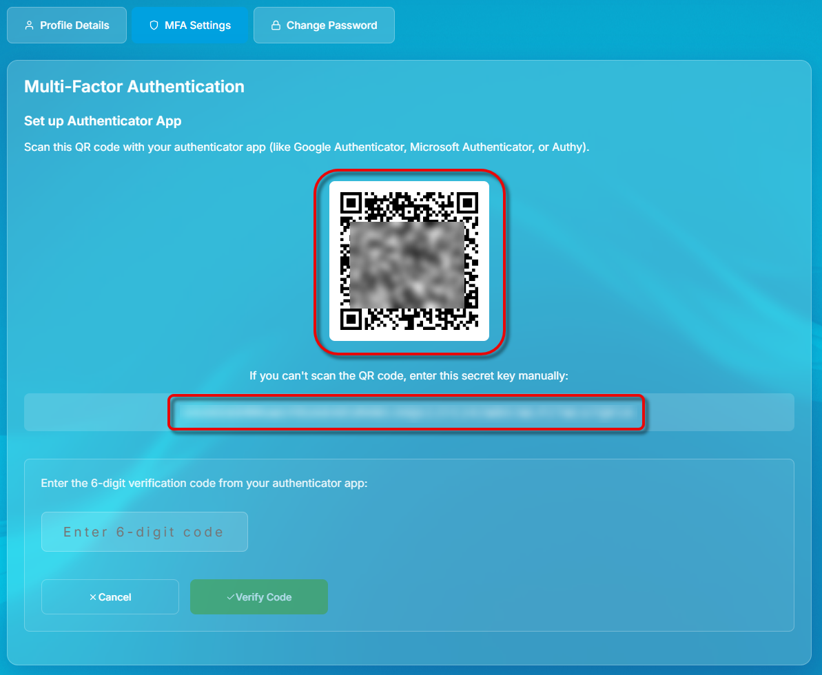 QR Code scannen oder Sicherheitsschlüssel manuell eingeben