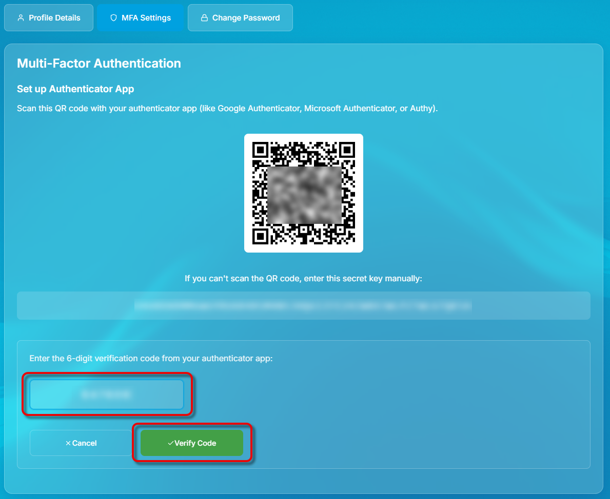 sechsstelligen Verifizierungscode eingeben und Code verifizieren