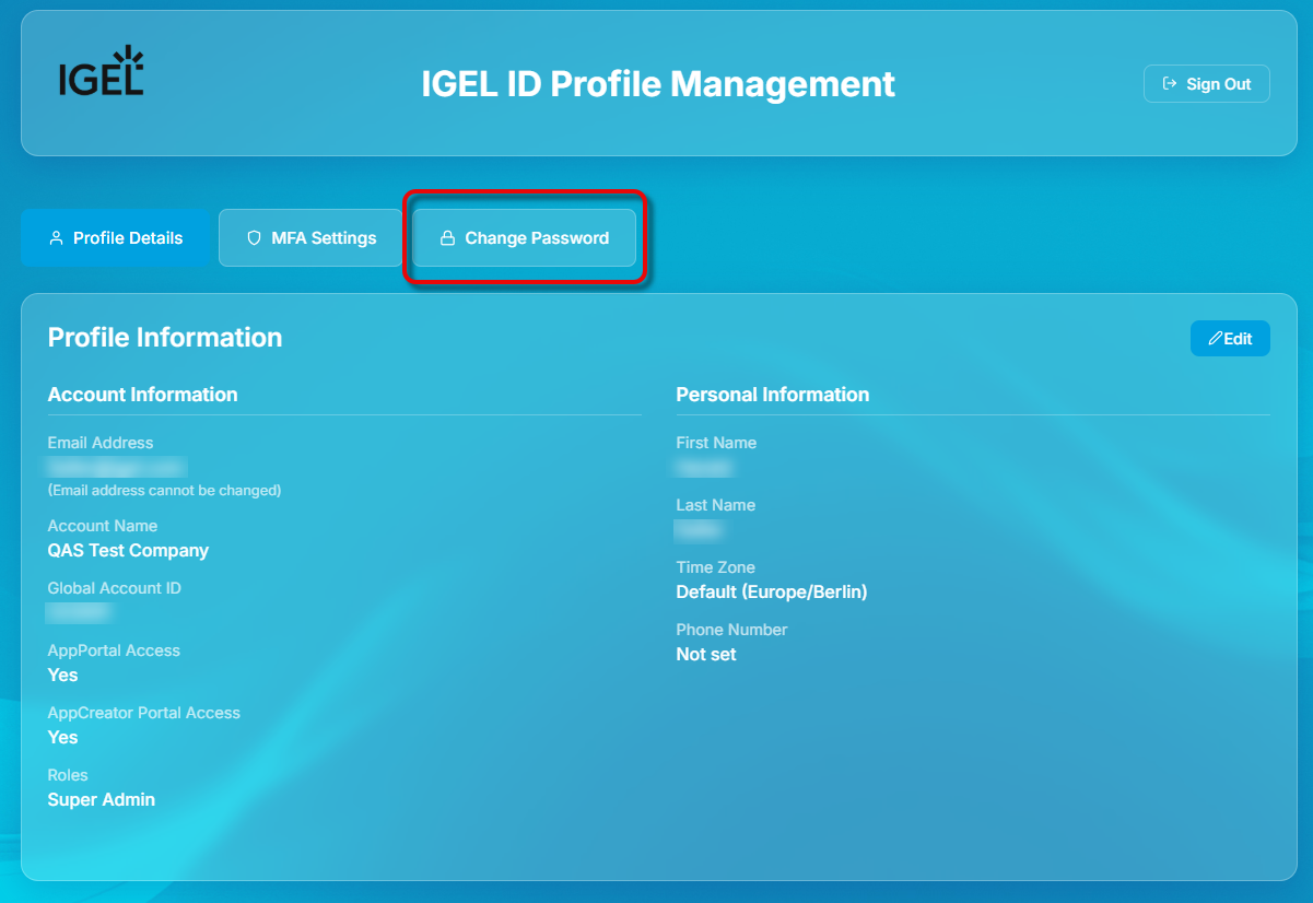 Auf den Tab Change Password klicken