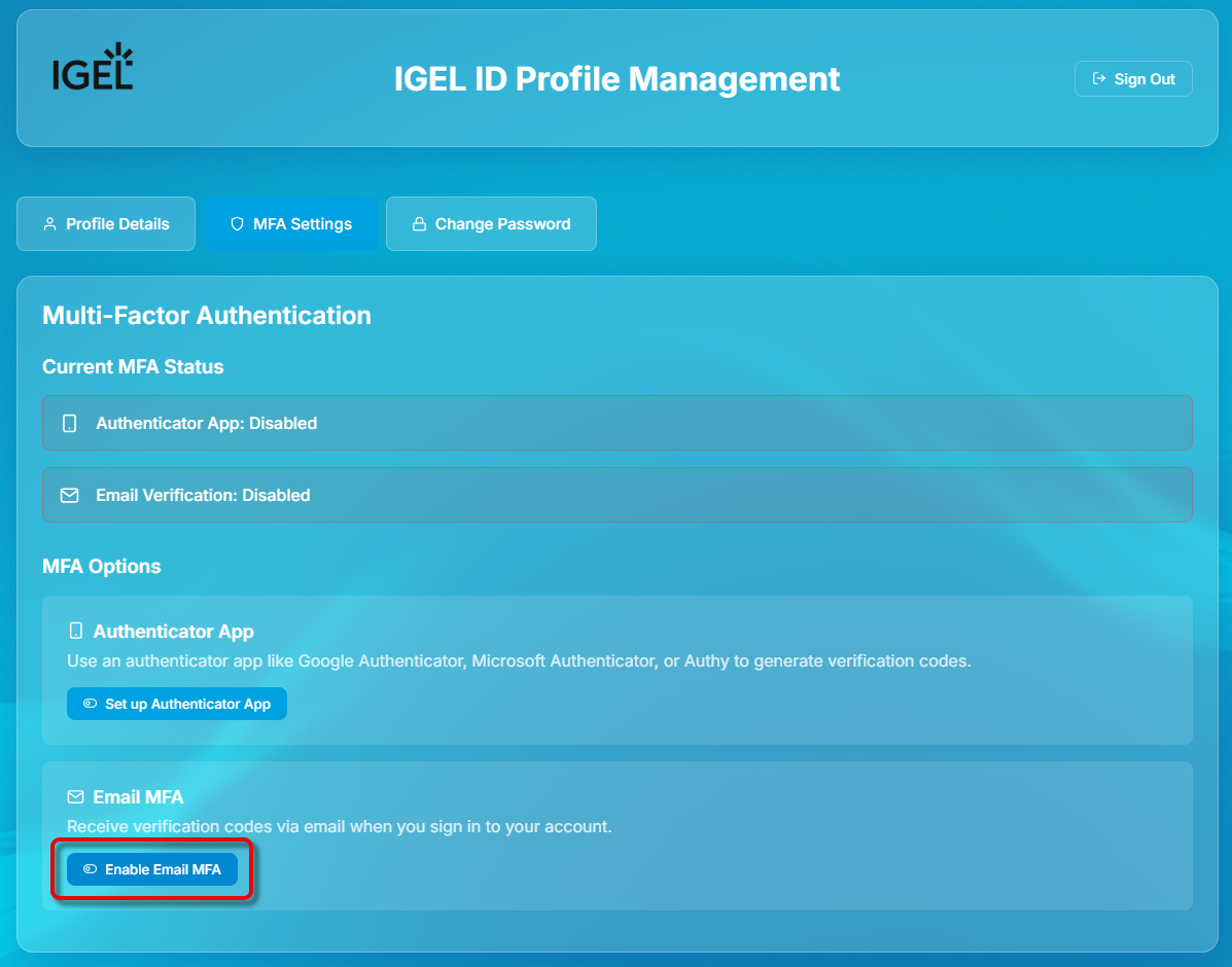 Auf Enable Email MFA klicken