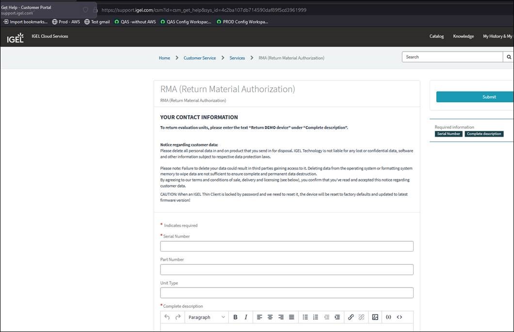 RMA-Formular ausfüllen und anschließend auf Submit klicken