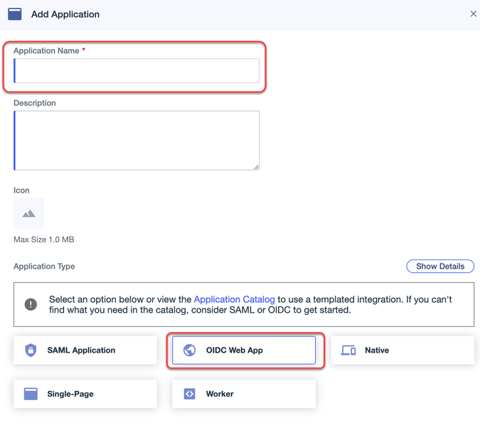 Auf der Seite Add Application sind oben Application Name und unten OIDC Web App rot eingerahmt.