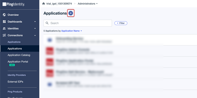 Landing Page des Ping Admin-Kontos, in der Menüleiste links ist Applications rot eingerahmt, auf der Hauptseite rechts ist das Plus-Symbol rechts neben Applications rot eingerahmt