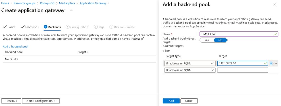 Backend-Pool mit der Adresse der UMS hinzufügen