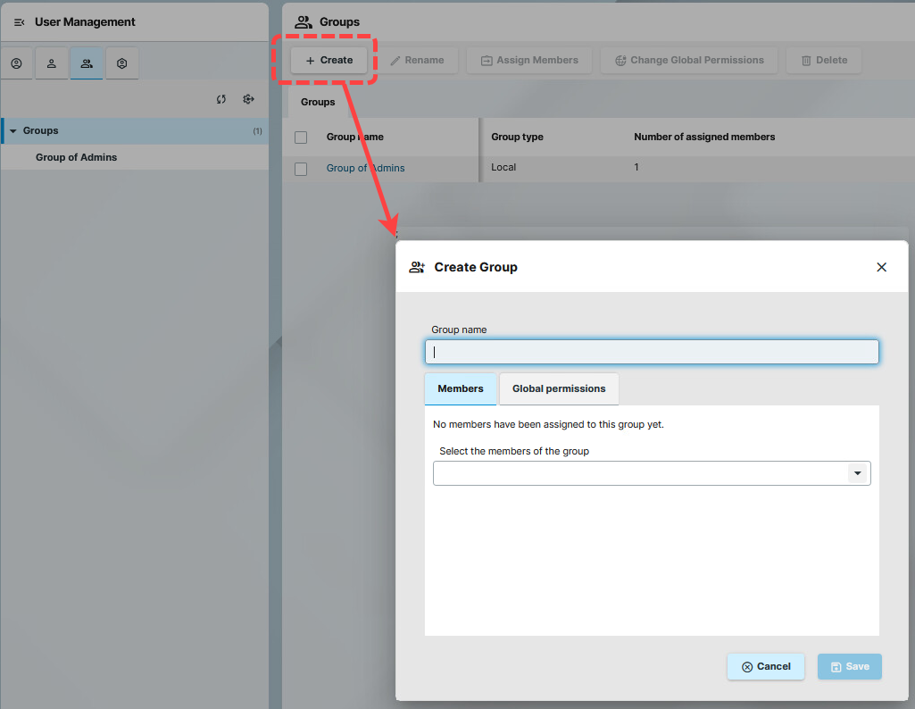 Create Group Oberfläche