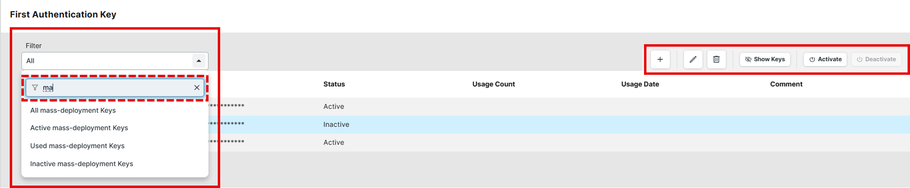 Possible Actions for the First-Authentication Keys