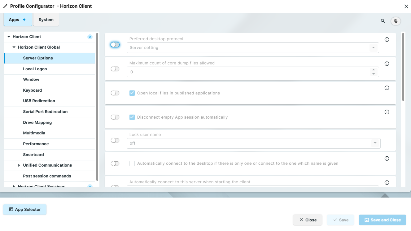 Server Options in Horizon Client on IGEL OS