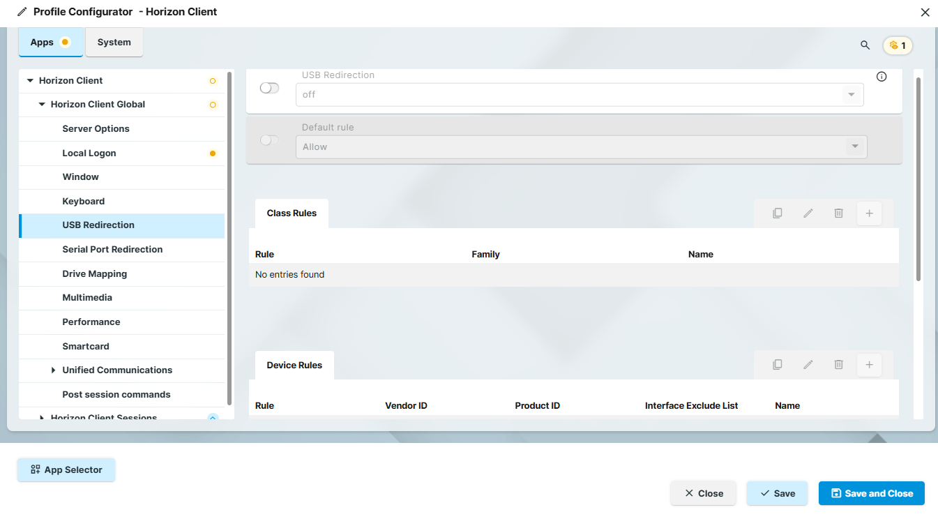 Horizon USB Redirection Settings on IGEL OS