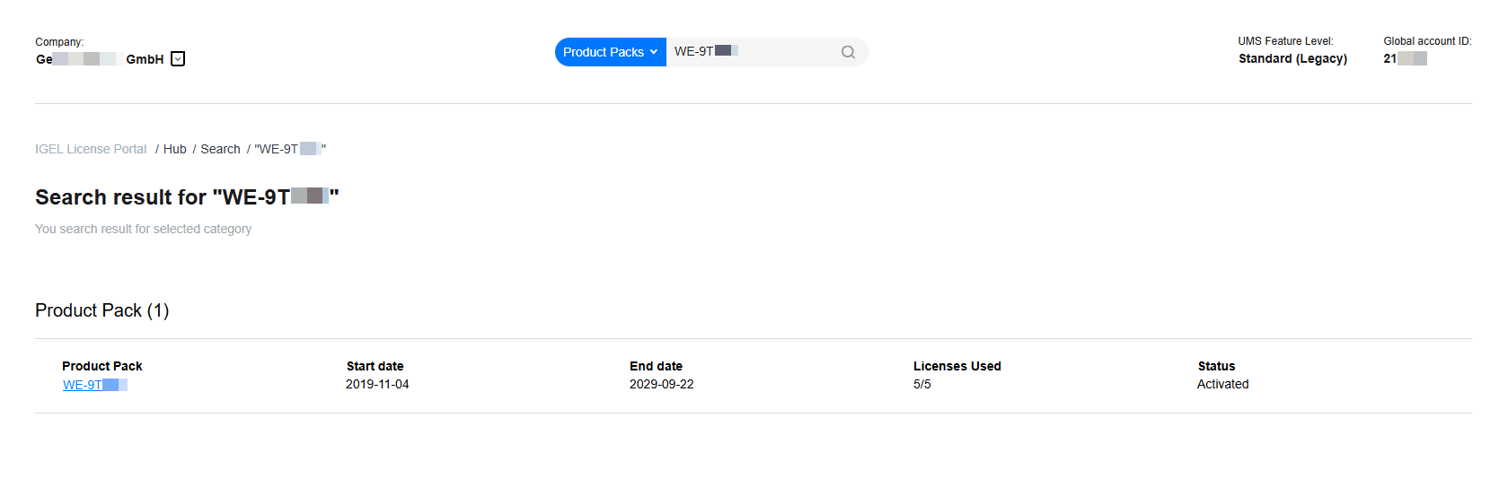 Product Pack ID via header search bar