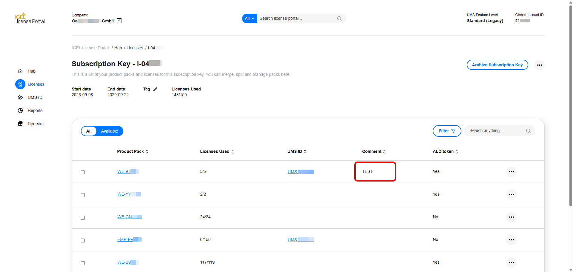 Comment column on the Subscription Key detail view