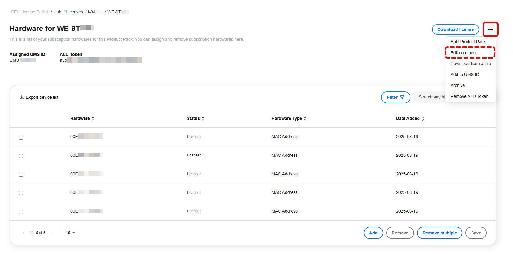 Edit comment button on the Hardware page