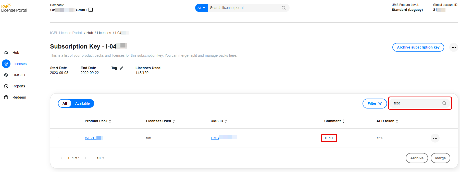 Comment search within Subscription Key