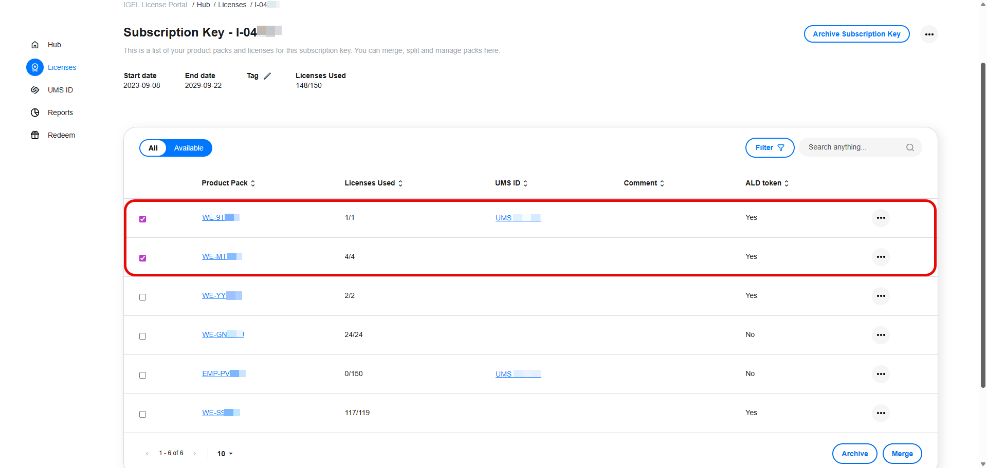 Select two or more Product Packs within that Subscription Key