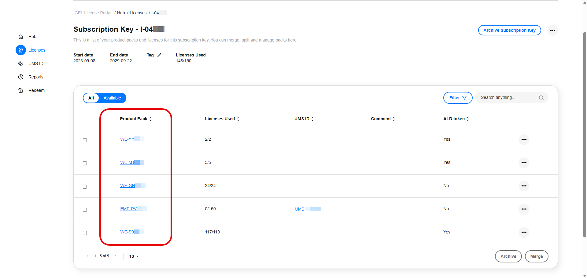 Subscription Key detail view