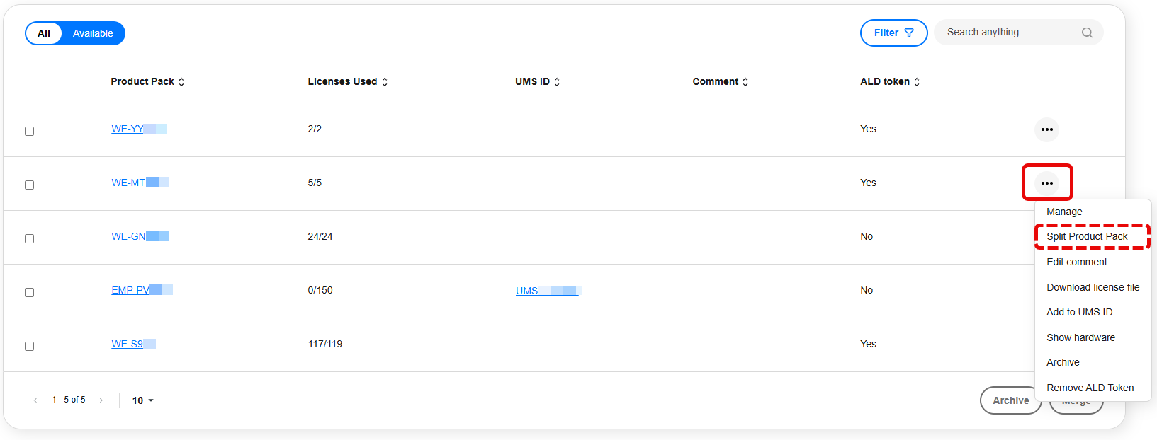 Ellipsis menu next to a Product Pack