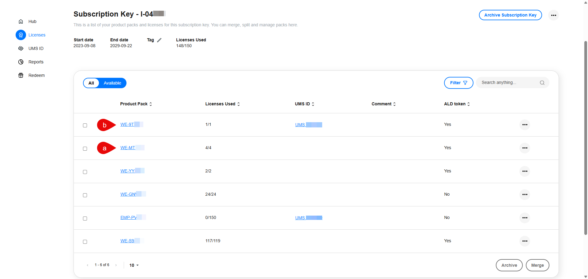 Newly split Product Packs on the Subscription Key page