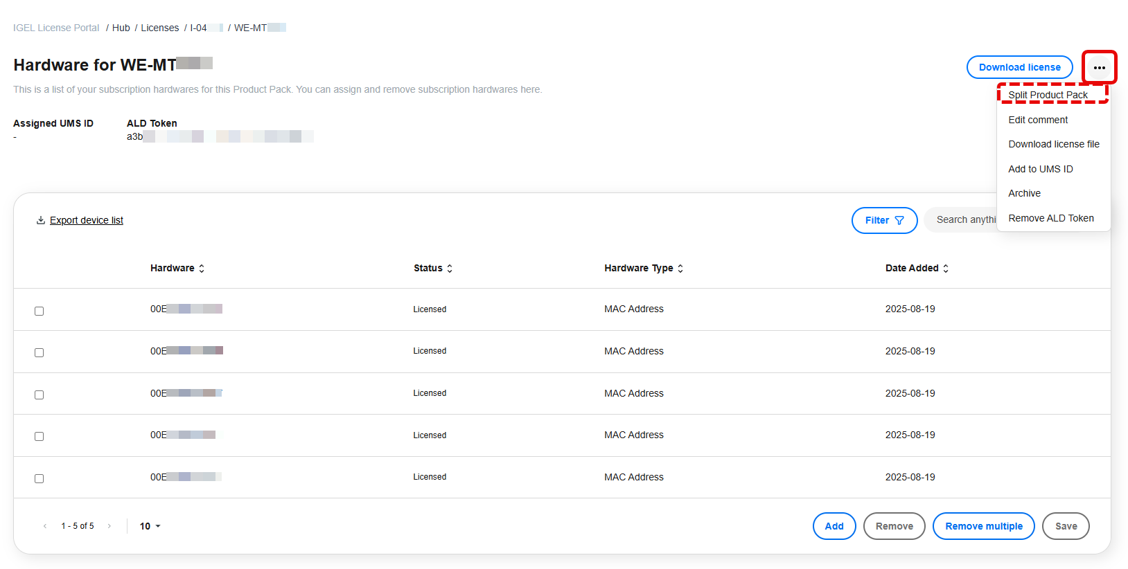 Ellipsis menu in the Product Pack detail view