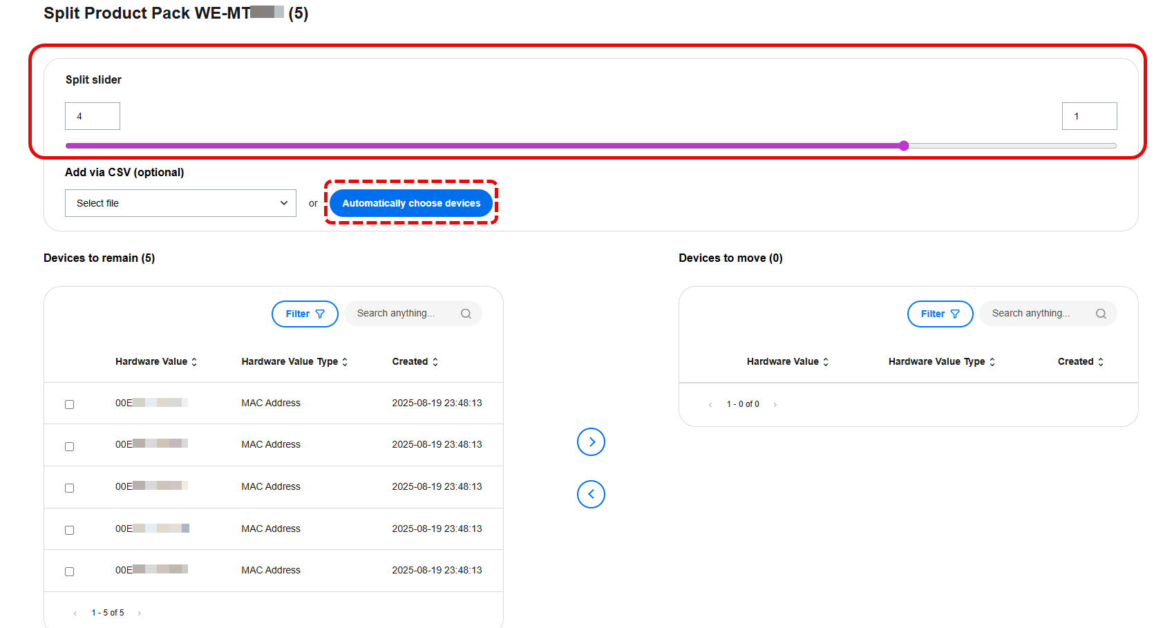 Split slider in the split menu