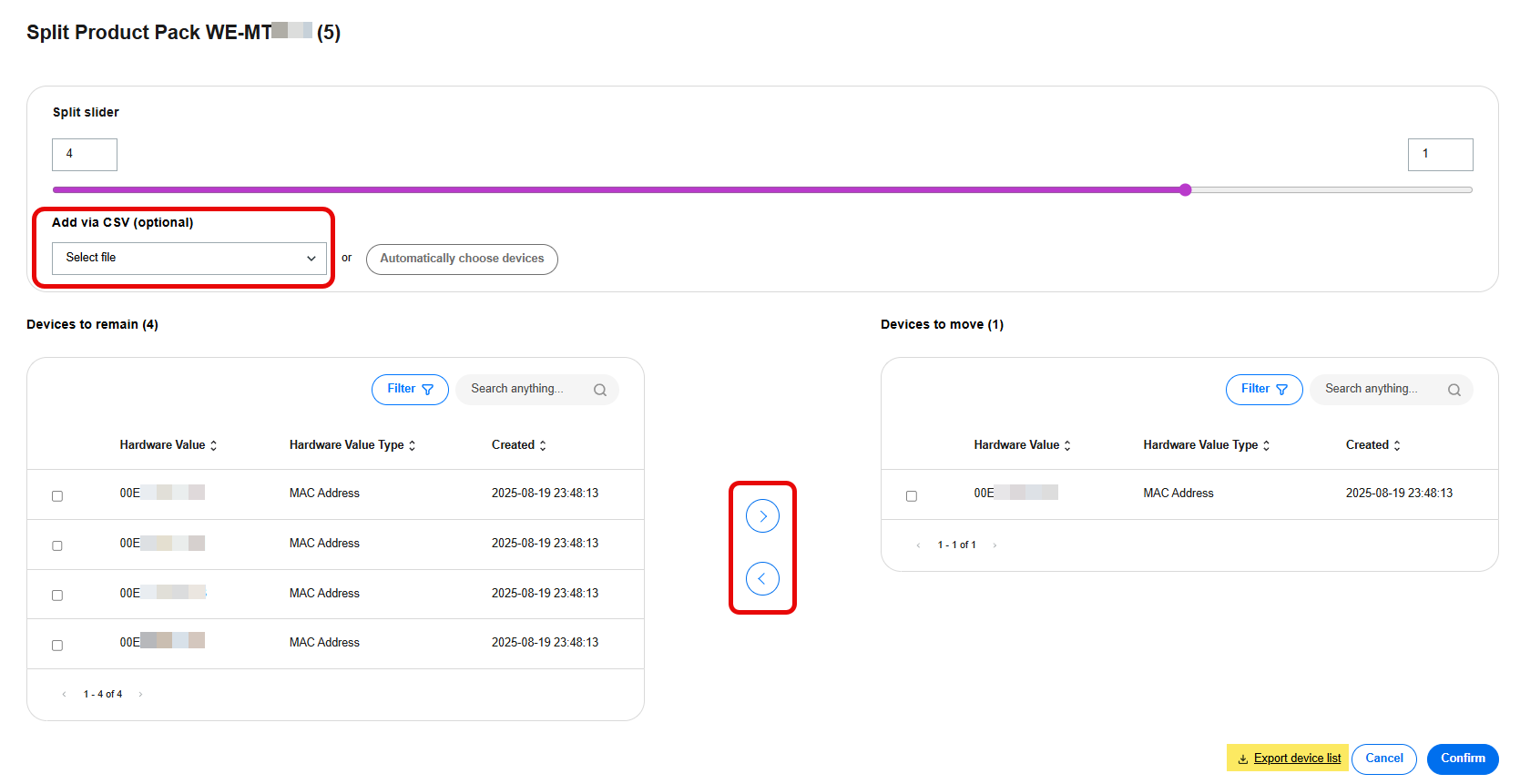 Add via CSV file or move manually with the arrows in the middle