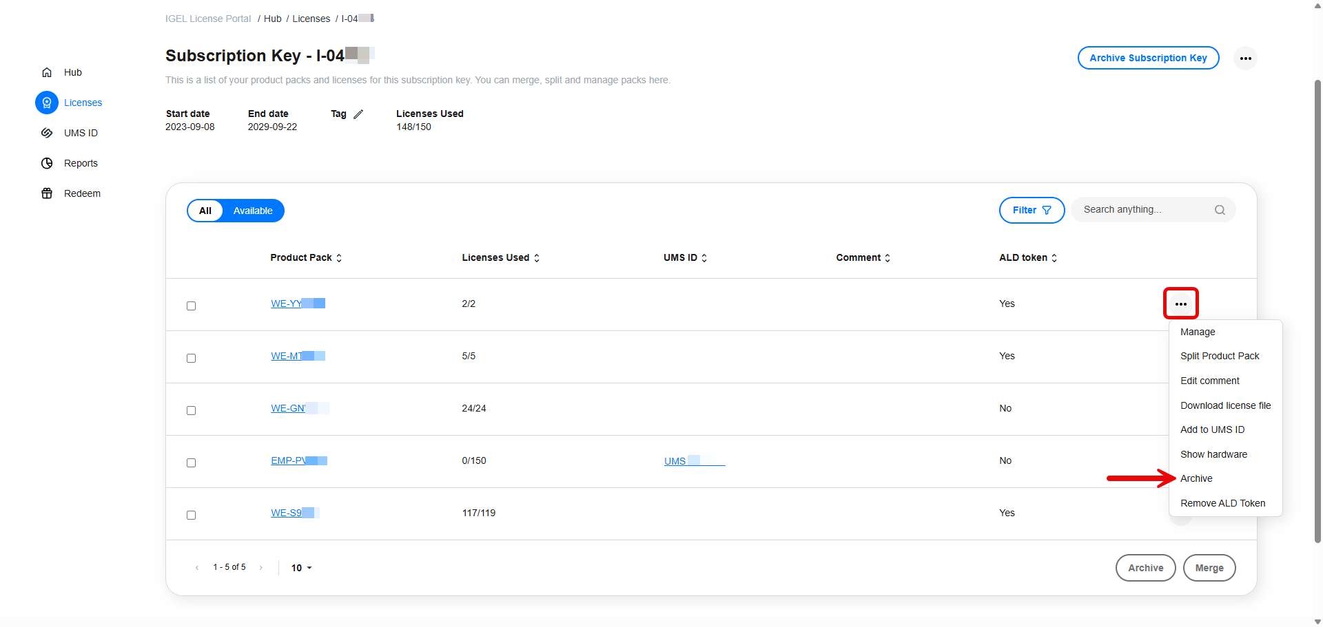 Archive button in the ellipsis menu next to the Product Pack