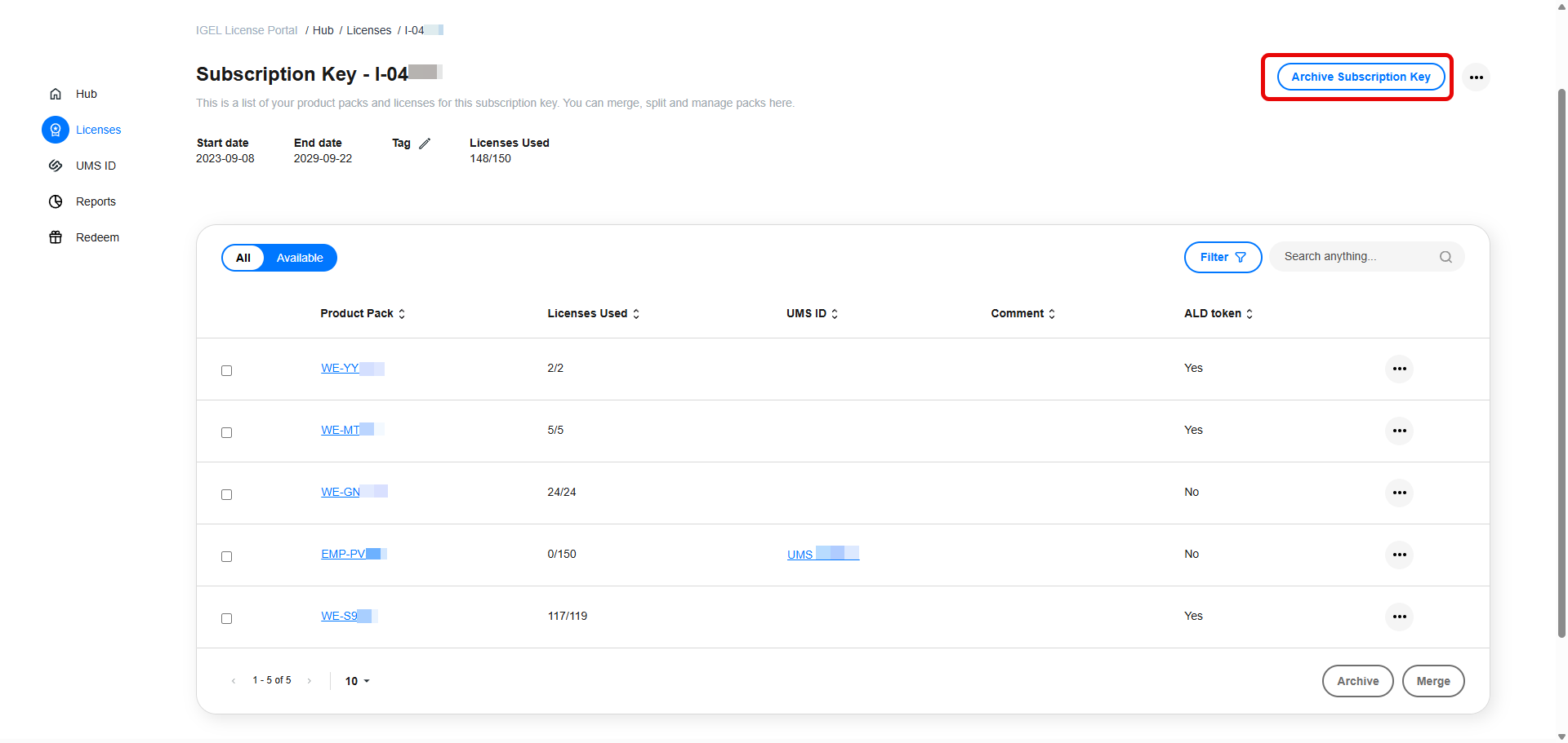 Archive Subscription Key button