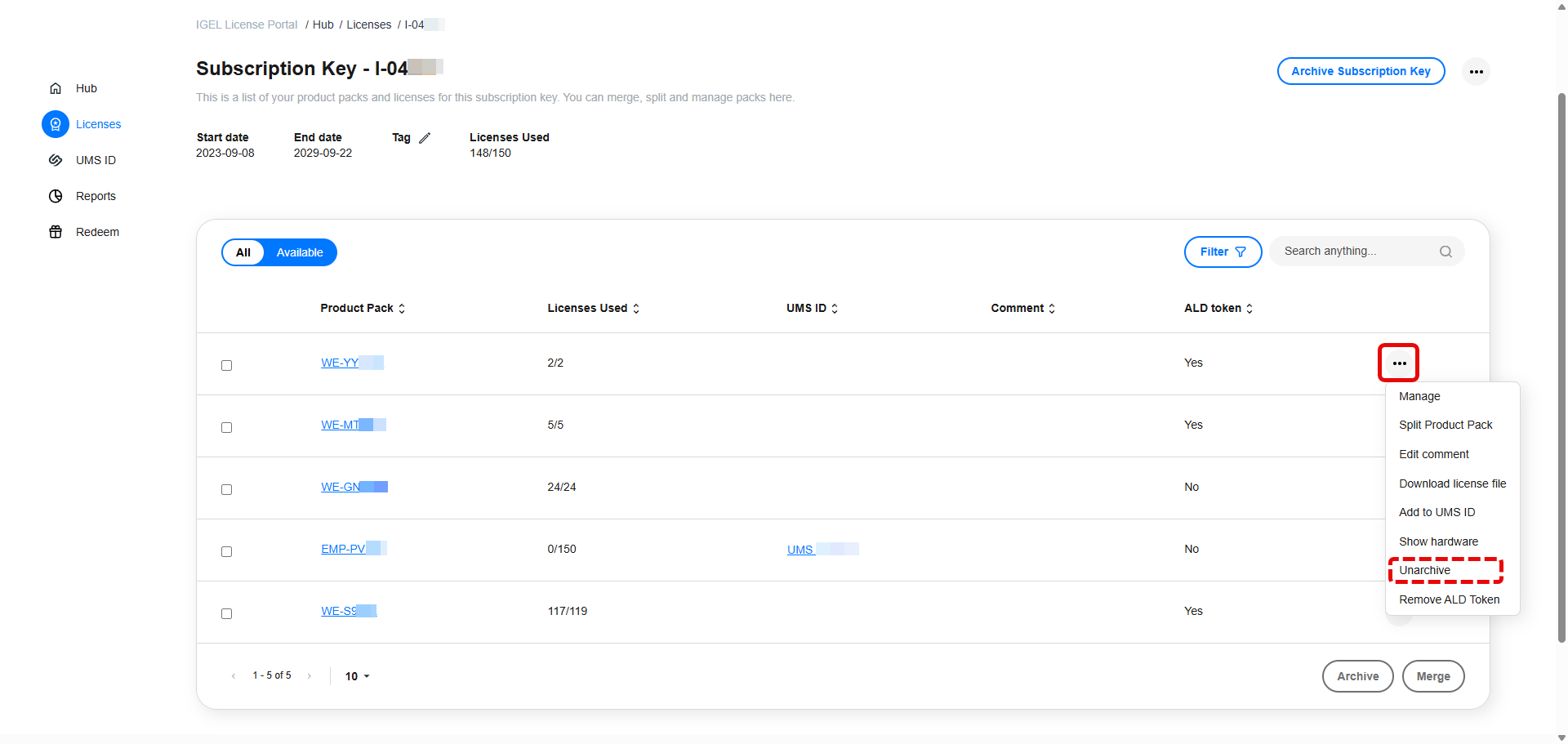 Ellipsis menu next to Product Pack - Select Unarchive