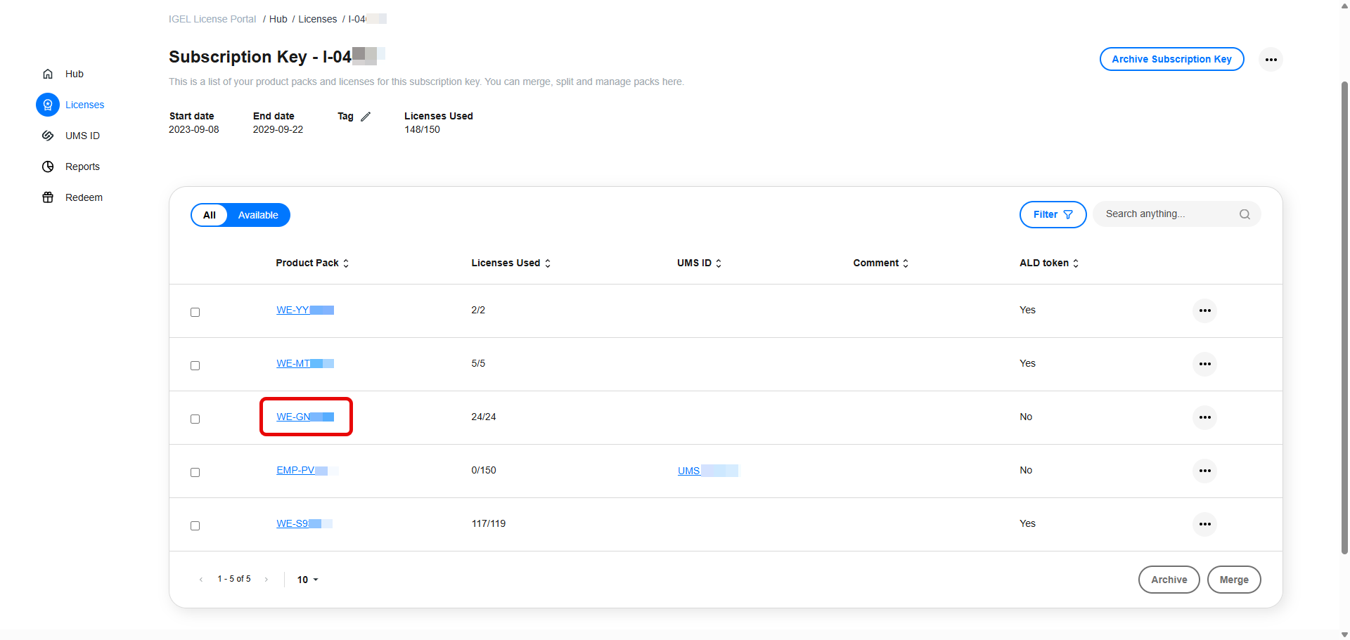 Subscription Key's Product Packs
