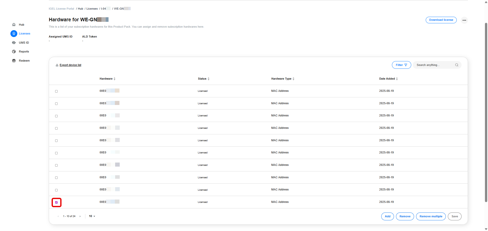Select the Hardware you want to remove