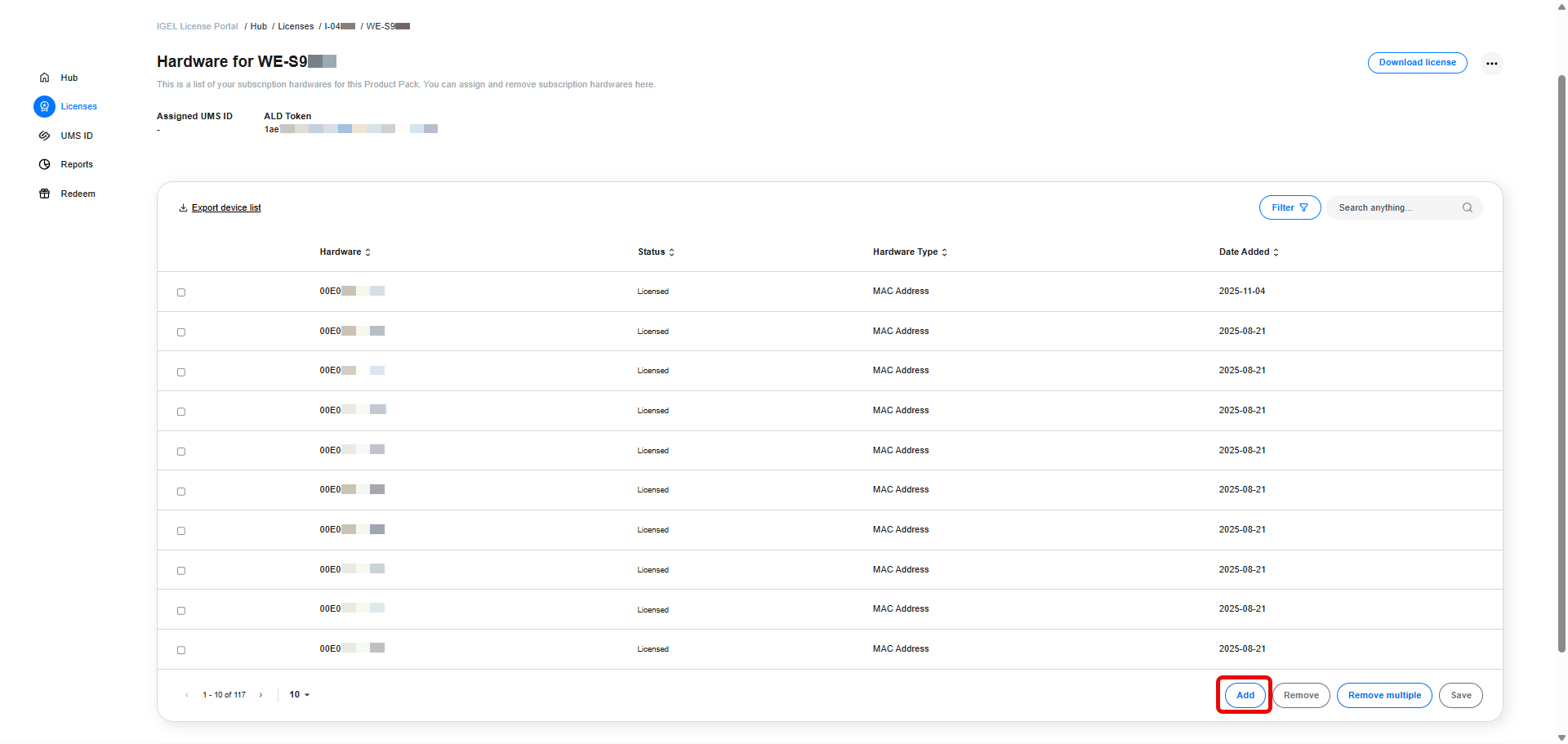 Scroll to the bottom of the device list and click the Add button
