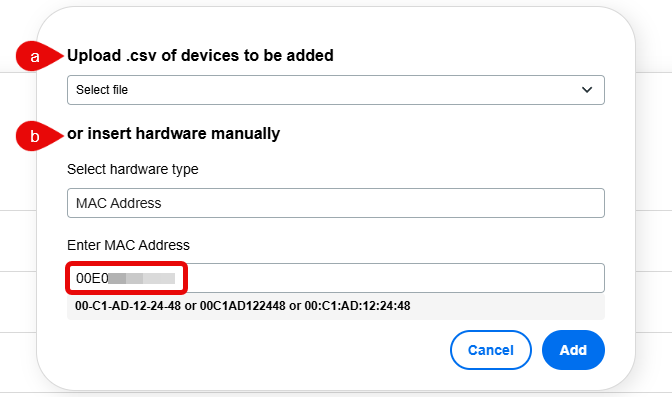 Upload a CSV file or insert the hardware manually