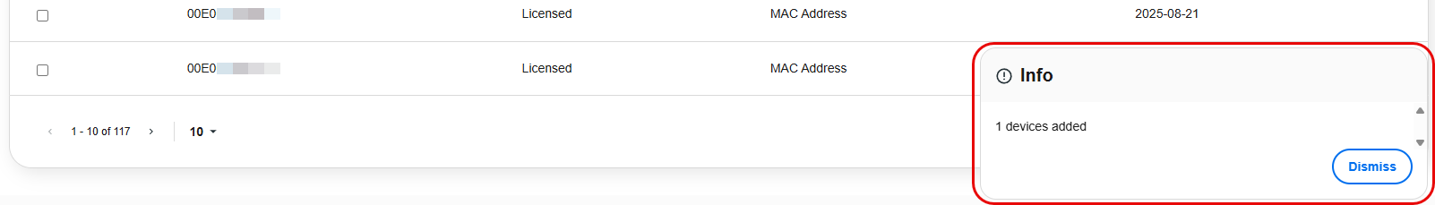 Info dialog confirming your action