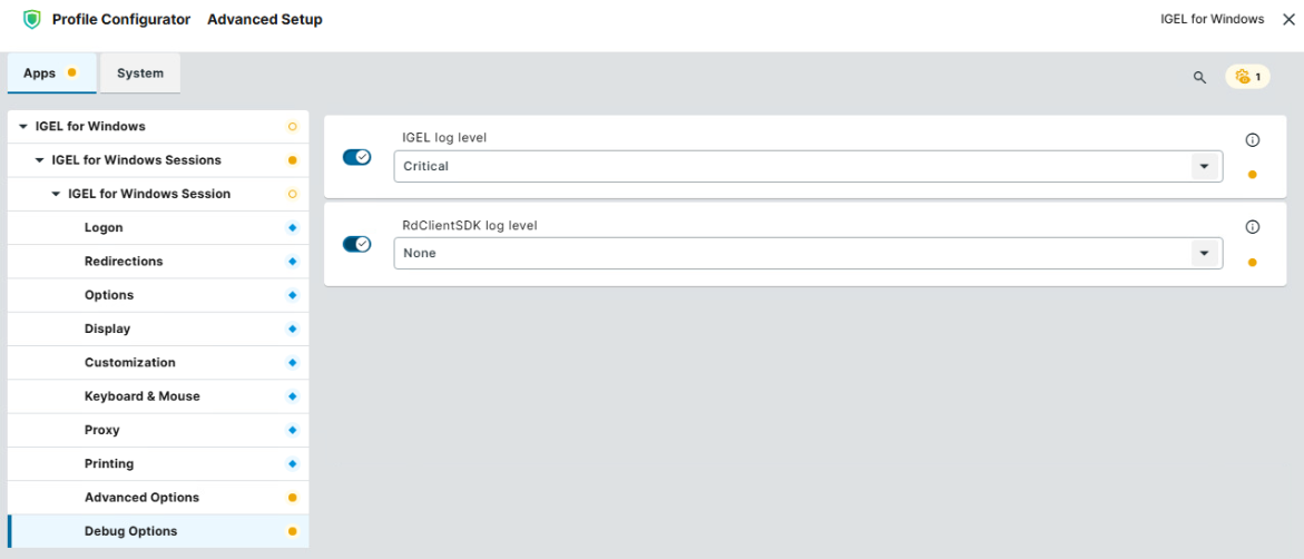 Debug options for the IGEL for Windows session