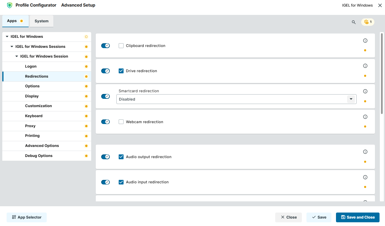 Redirections settings for IGEL for Windows app