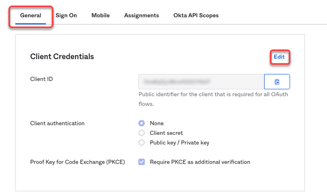 Die Registerkarte General ist rot umrandet. Im Abschnitt Client Credentials ist rechts Edit rot umrandet.
