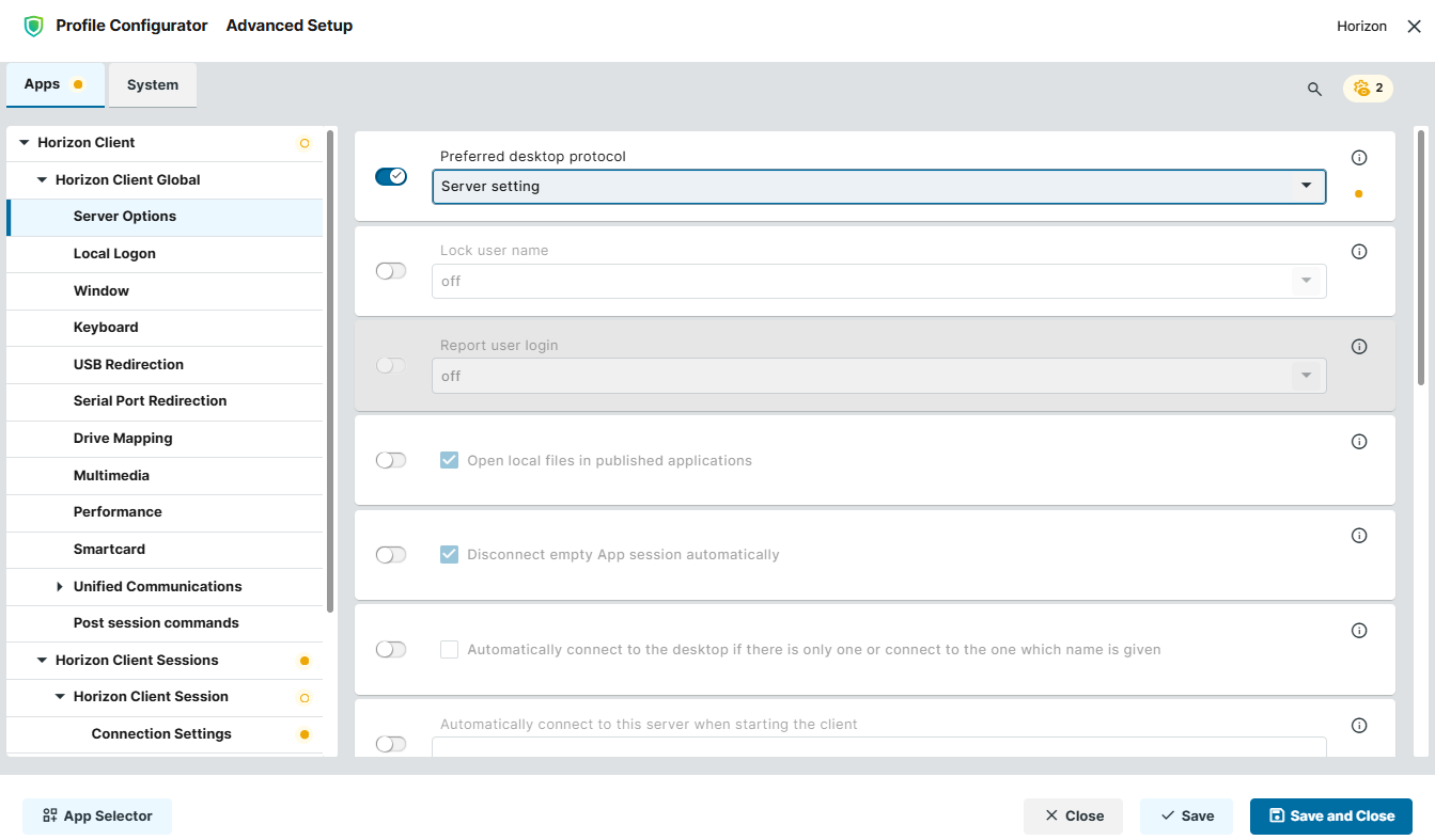 Server Options in Horizon Client on IGEL OS