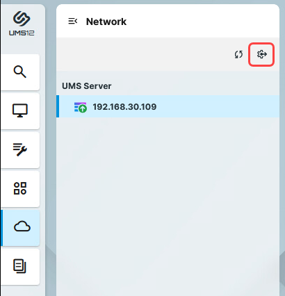 Auf der Seite Network in der UMS Web App ist rechts oben die Option Settings rot eingerahmt.